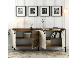 Armário de TV Dilici, Aparador de sala, Armário de TV baixo, Base de parede equipada, 180x35 h78 cm, Nogueira e mármore branco