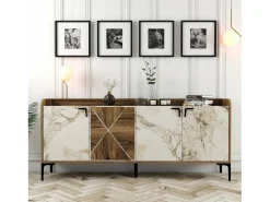 Armário de TV Dilici, Aparador de sala, Armário de TV baixo, Base de parede equipada, 180x35 h78 cm, Nogueira e mármore branco