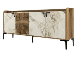Armário de TV Dilici, Aparador de sala, Armário de TV baixo, Base de parede equipada, 180x35 h78 cm, Nogueira e mármore branco
