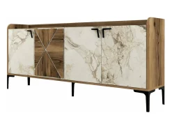 Armário de TV Dilici, Aparador de sala, Armário de TV baixo, Base de parede equipada, 180x35 h78 cm, Nogueira e mármore branco