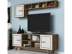 Armário de TV Djajal, Aparador de sala, Armário de TV baixo, Base de parede equipada, 160x35h56 cm, Nogueira e Branco