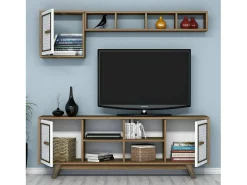 Armário de TV Djajal, Aparador de sala, Armário de TV baixo, Base de parede equipada, 160x35h56 cm, Nogueira e Branco