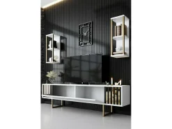 Armário de TV Dliveran, Aparador de sala, Armário de TV baixo, Base de parede equipada, 180x30h48 cm, Preto e branco