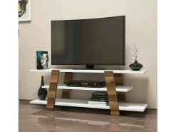 Armário de TV Doukhadd, Aparador de sala, Armário de TV baixo, Base de parede equipada, 120x34h42 cm, Nogueira e Branco