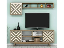 Armário de TV Dpandolf, Aparador de sala, Armário de TV baixo, Base de parede equipada, 160x35h56 cm, Nogueira e Branco