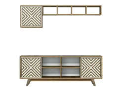 Armário de TV Dpandolf, Aparador de sala, Armário de TV baixo, Base de parede equipada, 160x35h56 cm, Nogueira e Branco