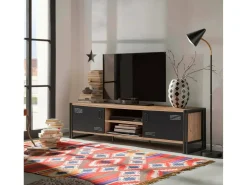 Armário de TV Dperott,Aparador de sala, Armário de TV baixo, Base de parede equipada, 180x45h50 cm, Carvalho e Preto