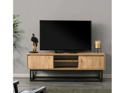 Armário de TV Dpirol, Aparador de sala, Armário de TV baixo, Base de parede equipada, 140x40h50 cm, Preto e Carvalho