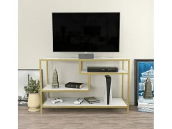 Armário de TV Dplizzar, Aparador de sala, ArmárioBaixo para TV, Base de parede equipada, 120x39h75 cm, Ouro e Branco