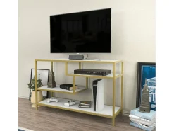 Armário de TV Dplizzar, Aparador de sala, ArmárioBaixo para TV, Base de parede equipada, 120x39h75 cm, Ouro e Branco