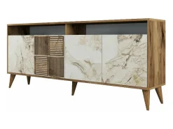 Armário de TV Dpogg, Aparador de sala, Armário de TV baixo, Base de parede equipada, 180x35 h79 cm, Mármore de nogueira e branco