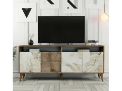 Armário de TV Dpogg, Aparador de sala, Armário de TV baixo, Base de parede equipada, 180x35 h79 cm, Mármore de nogueira e branco