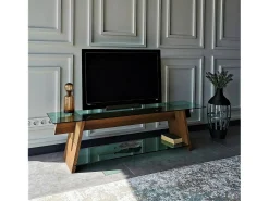 Armário de TV Dpotenz, Aparador de sala, Armário de TV baixo, Base de parede equipada, 158x40h45 cm, Nogueira e Verde