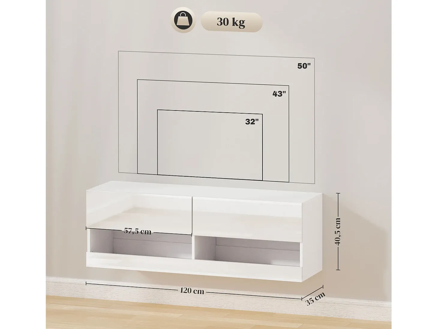 Armário de TV pendurado 120x35x40,5cm, iluminação LED, 16 modos, Branco brilhante