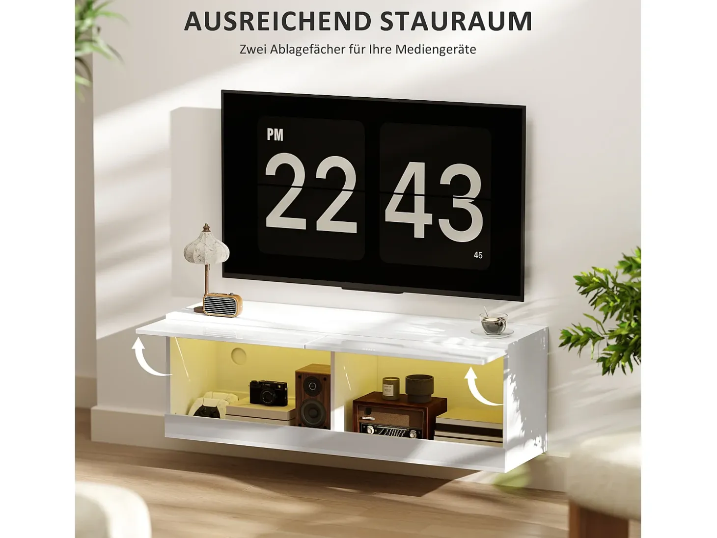 Armário de TV pendurado 120x35x40,5cm, iluminação LED, 16 modos, Branco brilhante