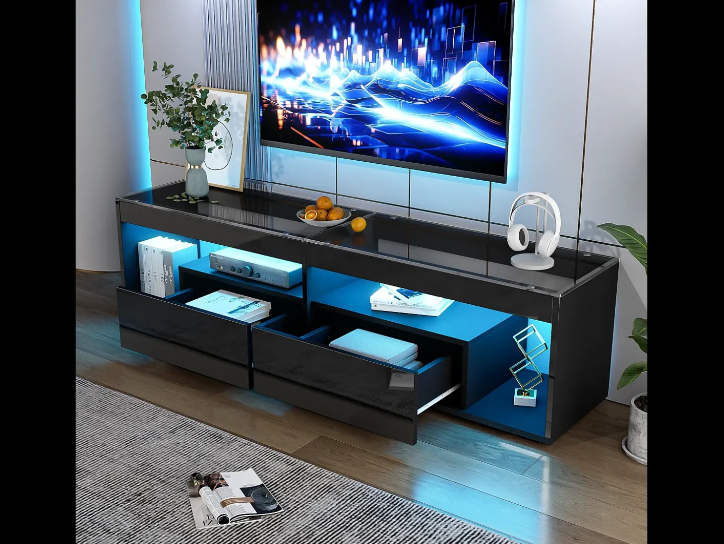 Armário de TV, Preto brilhante, com LED, 2 gavetas, para até 70 polegadas