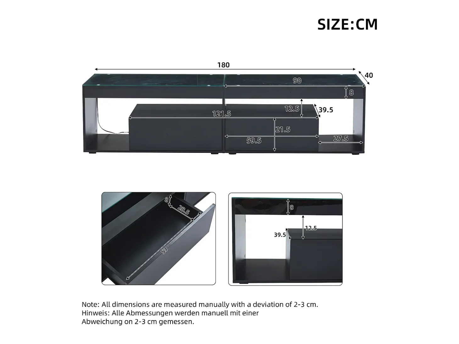 Armário de TV, Preto brilhante, com LED, 2 gavetas, para até 70 polegadas