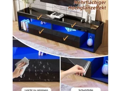Armário de TV, Preto brilhante, com LED, 2 gavetas, para até 70 polegadas