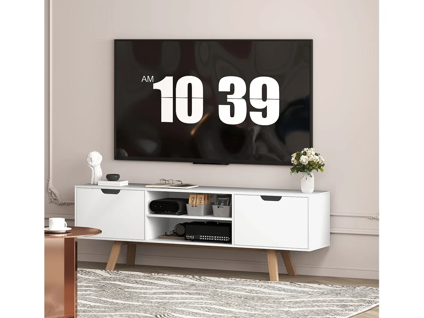 Armário de TV 150x39x50cm, 2 armários e 2 prateleiras, para até 65 polegadas, branco