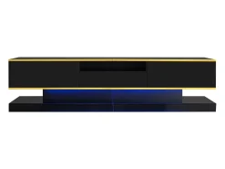 Armário de TV 180x38x45cm, 3 gavetas, compartimento aberto, LED com mudança de cor, Brilhante