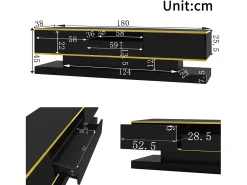 Armário de TV 180x38x45cm, 3 gavetas, compartimento aberto, LED com mudança de cor, Brilhante