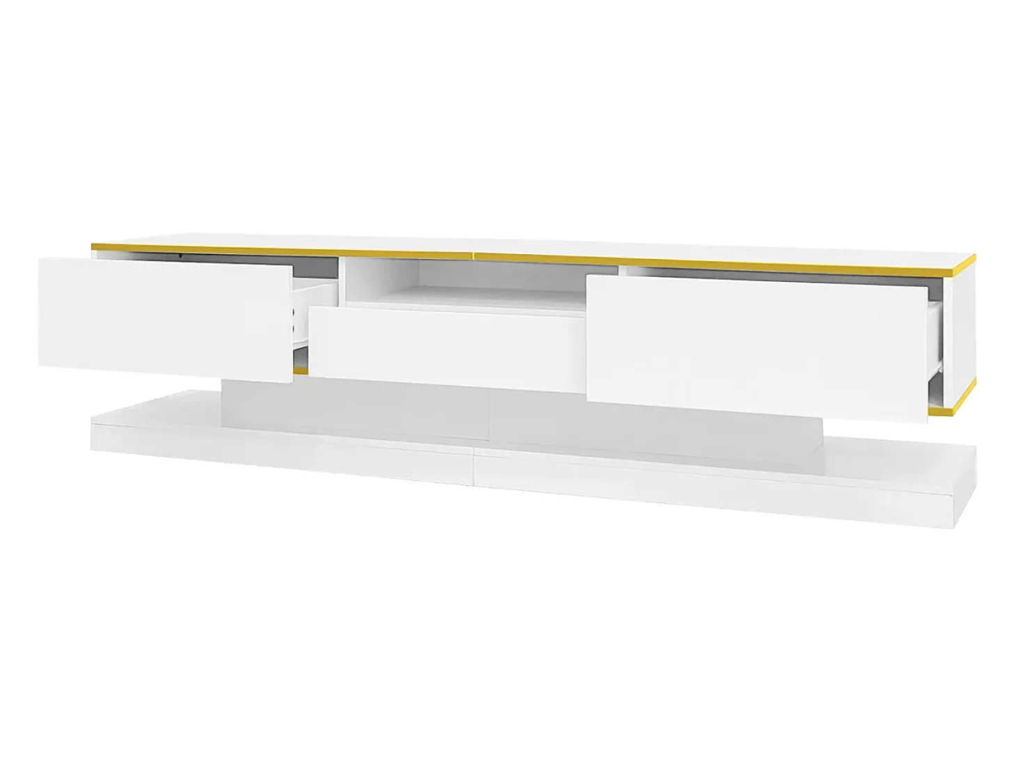 Armário de TV 180x38x45cm, 3 gavetas, compartimento aberto, LED com mudança de cor, Brilhante