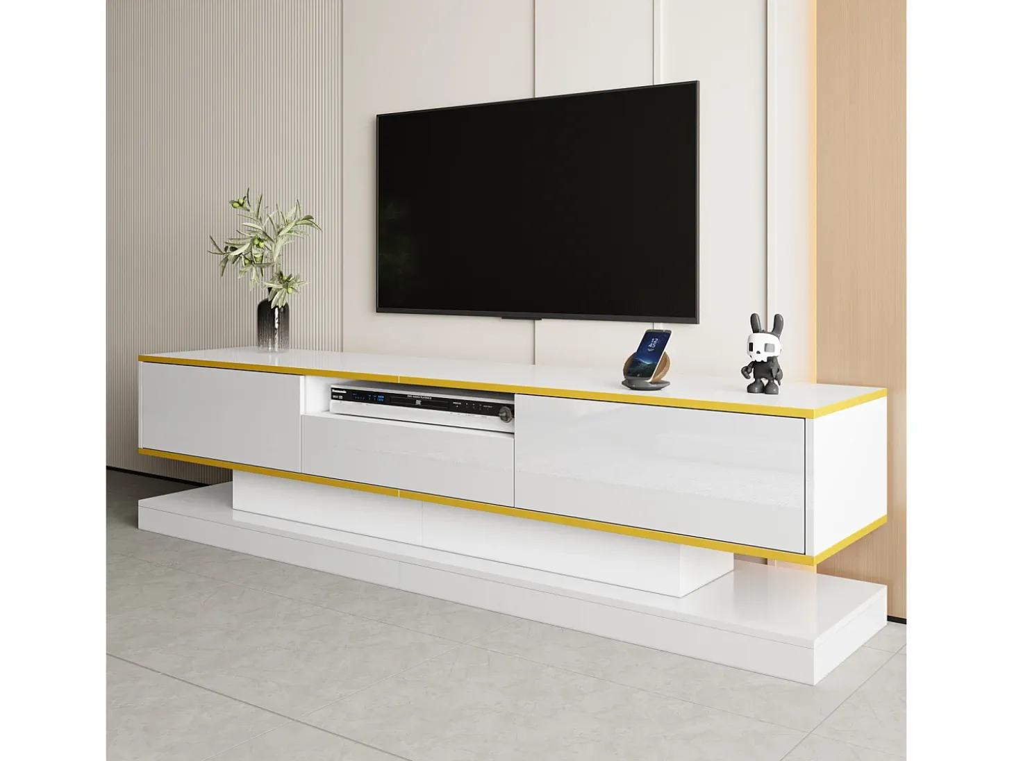 Armário de TV 180x38x45cm, 3 gavetas, compartimento aberto, LED com mudança de cor, Brilhante