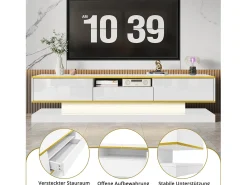 Armário de TV 180x38x45cm, 3 gavetas, compartimento aberto, LED com mudança de cor, Brilhante