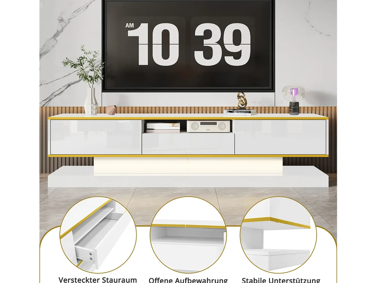 Armário de TV 180x38x45cm, 3 gavetas, compartimento aberto, LED com mudança de cor, Brilhante