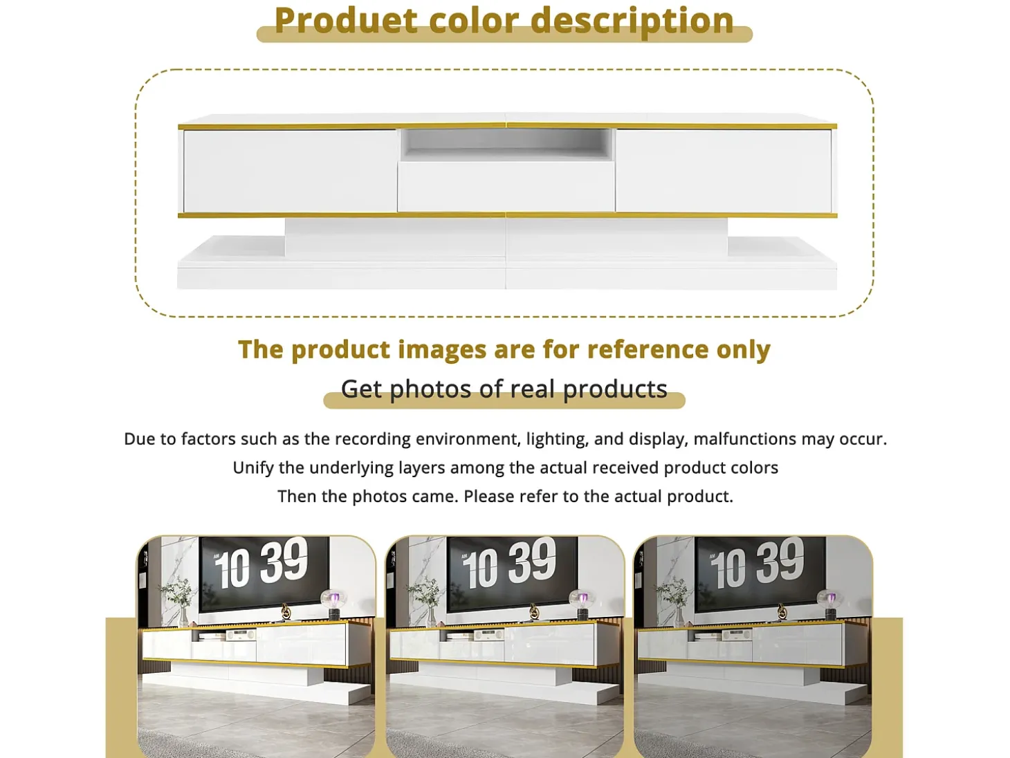 Armário de TV 180x38x45cm, 3 gavetas, compartimento aberto, LED com mudança de cor, Brilhante