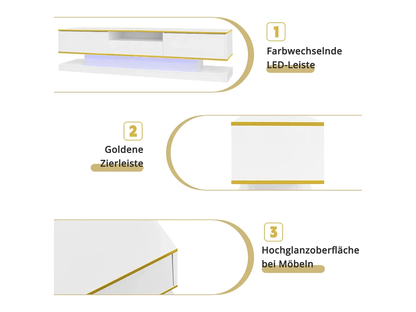 Armário de TV 180x38x45cm, 3 gavetas, compartimento aberto, LED com mudança de cor, Brilhante