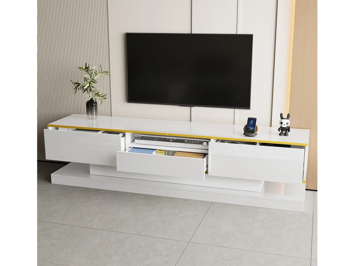 Armário de TV 180x38x45cm, 3 gavetas, compartimento aberto, LED com mudança de cor, Brilhante