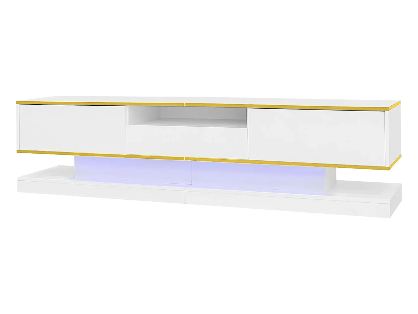 Armário de TV 180x38x45cm, 3 gavetas, compartimento aberto, LED com mudança de cor, Brilhante