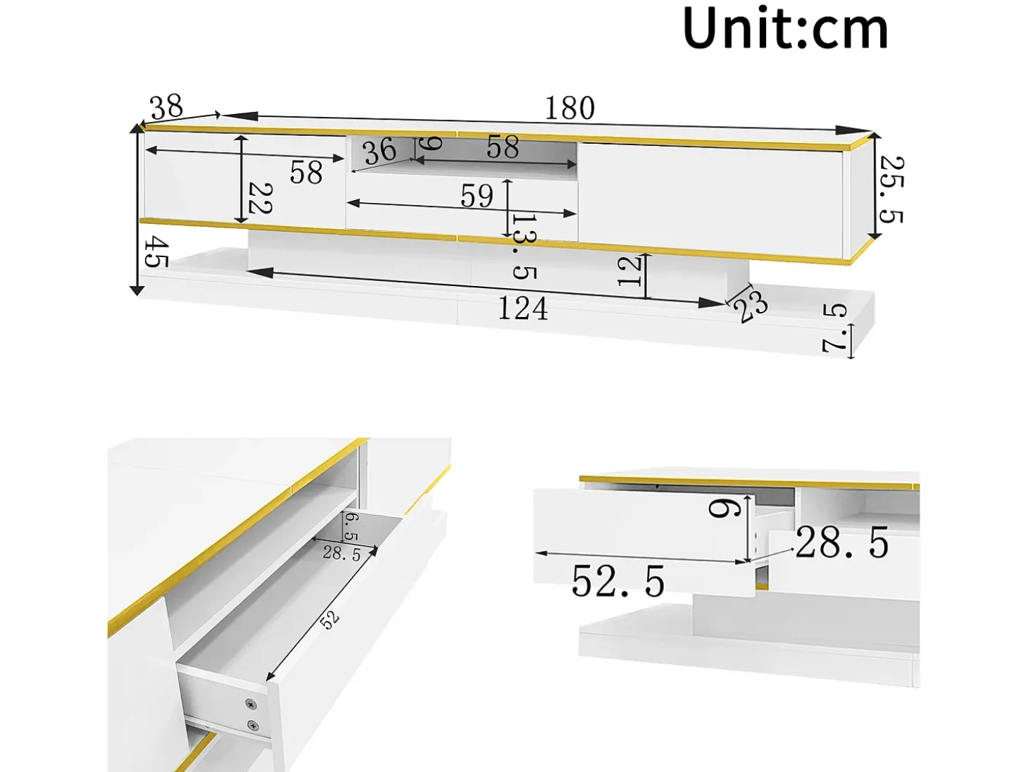 Armário de TV 180x38x45cm, 3 gavetas, compartimento aberto, LED com mudança de cor, Brilhante