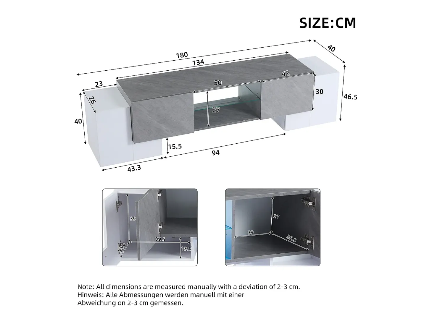 Armário de TV 180x40x46,5cm, branco e cinza, com LED Bluetooth, para até 70 polegadas