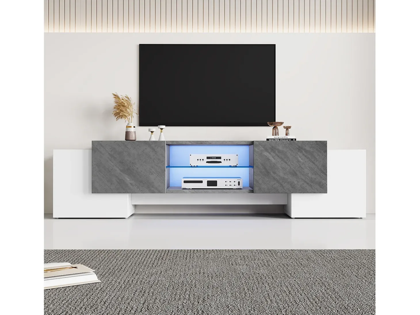 Armário de TV 180x40x46,5cm, branco e cinza, com LED Bluetooth, para até 70 polegadas