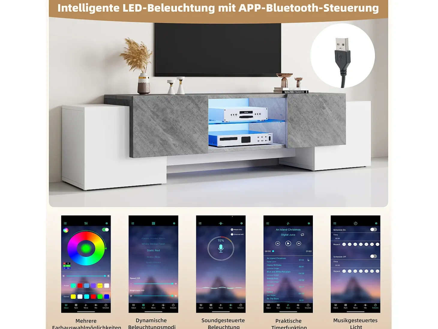 Armário de TV 180x40x46,5cm, branco e cinza, com LED Bluetooth, para até 70 polegadas