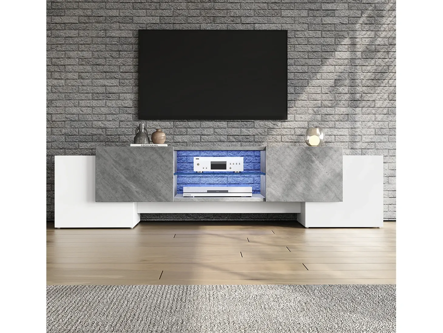 Armário de TV 180x40x46,5cm, branco e cinza, com LED Bluetooth, para até 70 polegadas