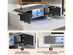 Armário de TV 180x40x46,5cm, branco e cinza, com LED Bluetooth, para até 70 polegadas