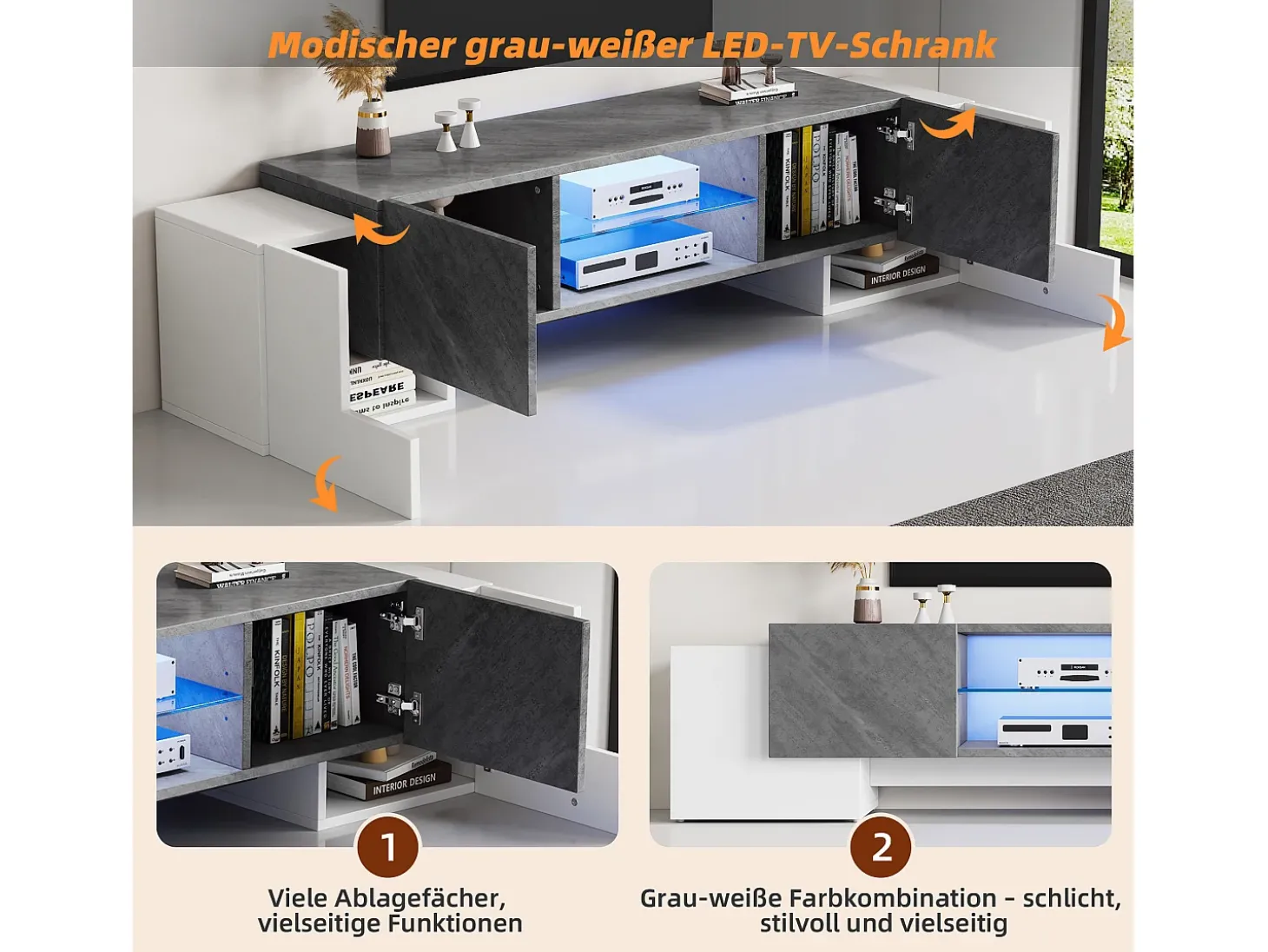 Armário de TV 180x40x46,5cm, branco e cinza, com LED Bluetooth, para até 70 polegadas