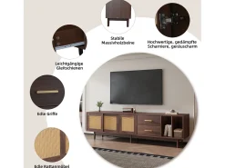 Armário de TV 190x40x52cm, Rattan marrom, com gavetas, 6 pernas, para até 75 polegadas