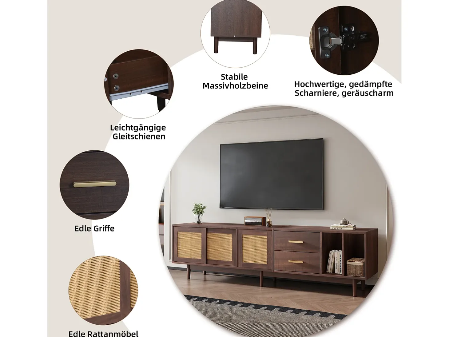 Armário de TV 190x40x52cm, Rattan marrom, com gavetas, 6 pernas, para até 75 polegadas