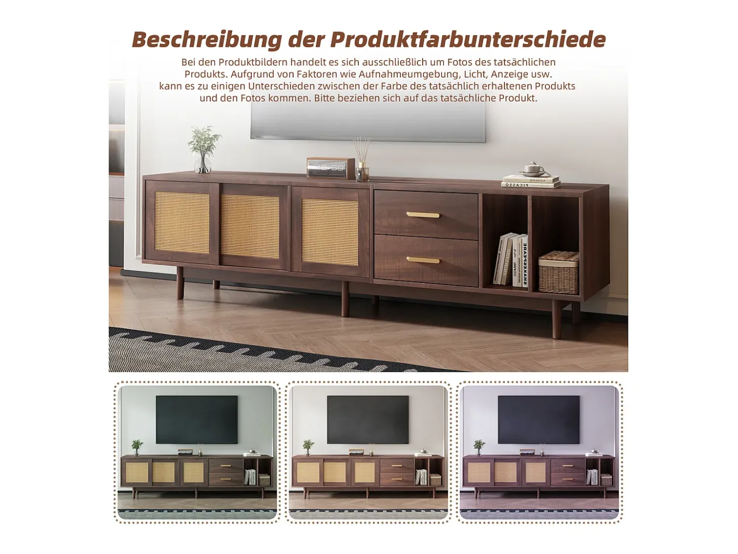 Armário de TV 190x40x52cm, Rattan marrom, com gavetas, 6 pernas, para até 75 polegadas