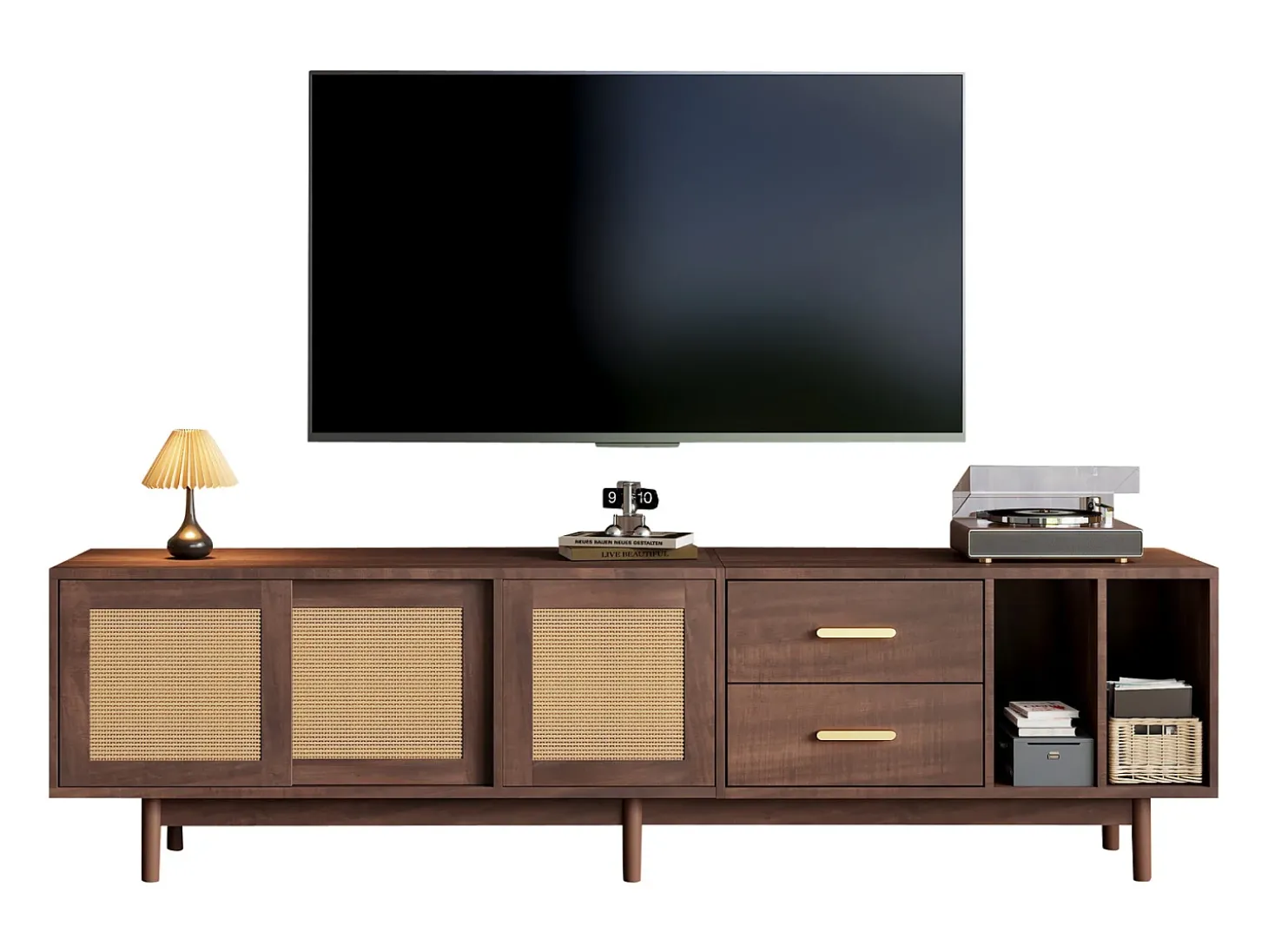 Armário de TV 190x40x52cm, Rattan marrom, com gavetas, 6 pernas, para até 75 polegadas