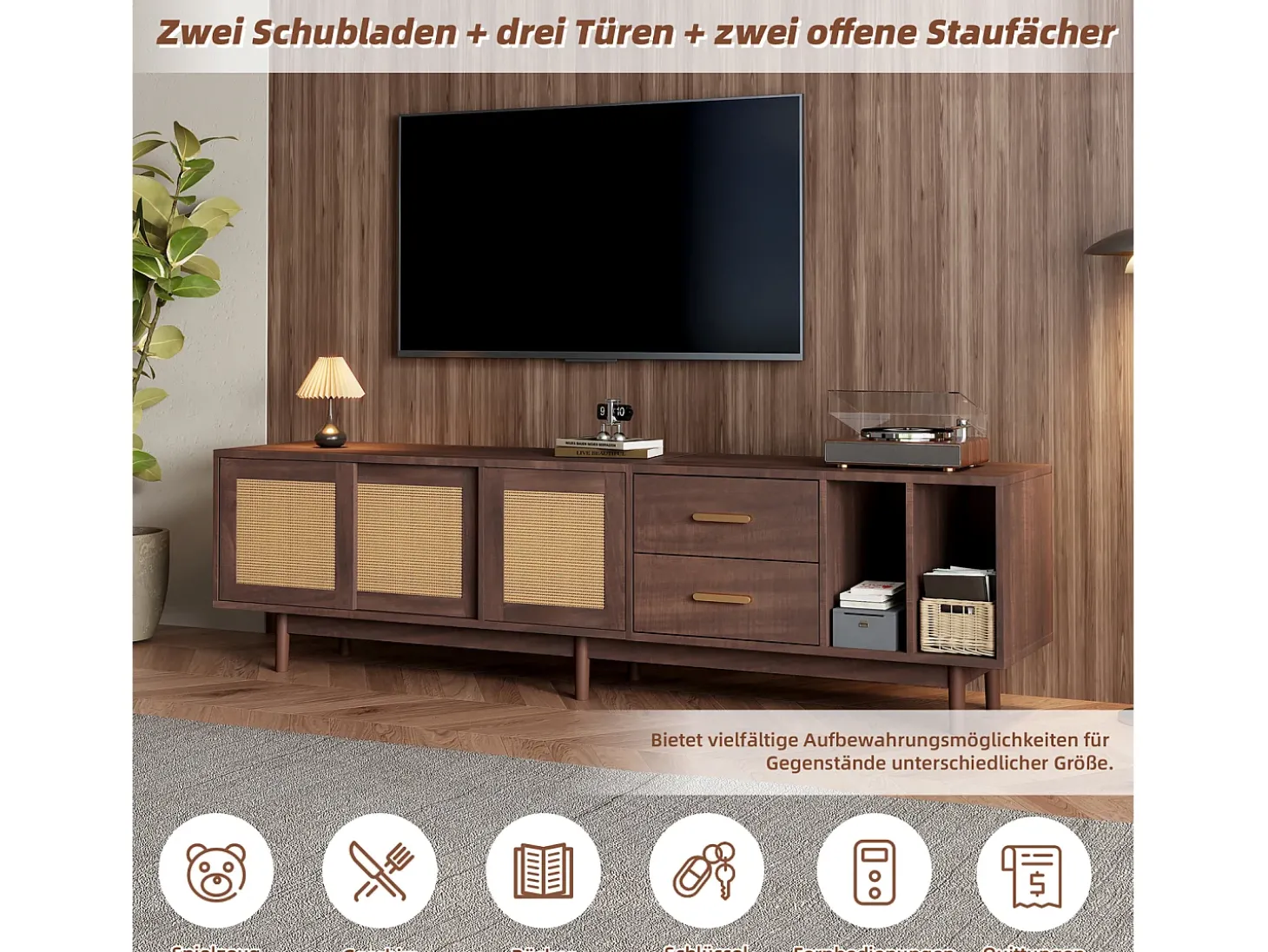 Armário de TV 190x40x52cm, Rattan marrom, com gavetas, 6 pernas, para até 75 polegadas