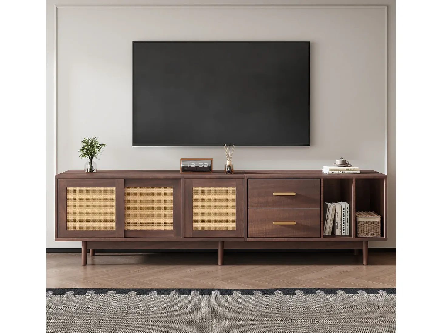 Armário de TV 190x40x52cm, Rattan marrom, com gavetas, 6 pernas, para até 75 polegadas