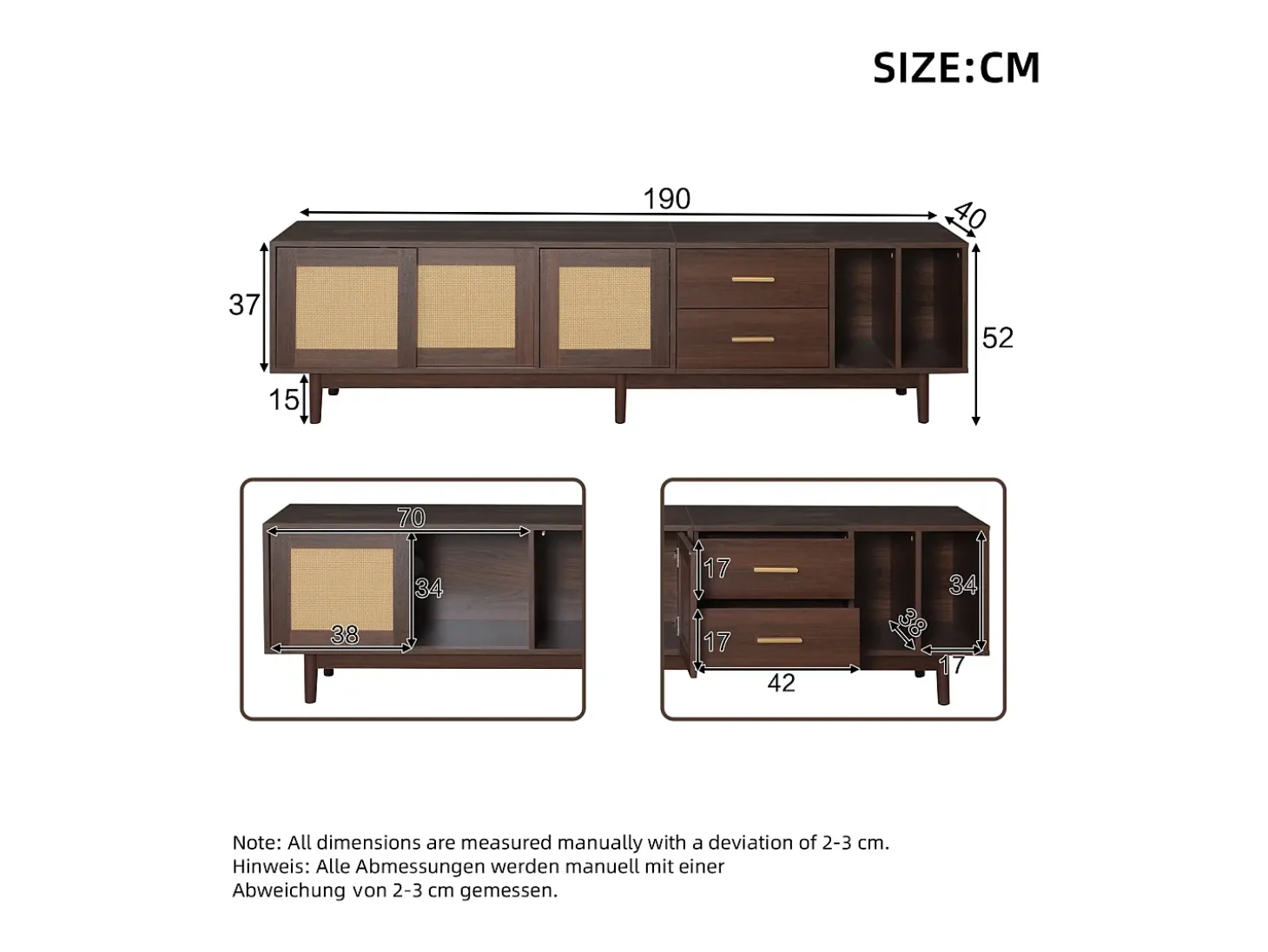 Armário de TV 190x40x52cm, Rattan marrom, com gavetas, 6 pernas, para até 75 polegadas