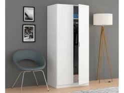 Armário Dleon, Armário de quarto com 2 portas de batente, Móveis de quarto com 1 prateleira e varão, 82x52h180 cm, Branco