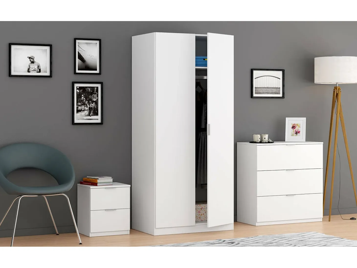 Armário Dleon, Armário de quarto com 2 portas de batente, Móveis de quarto com 1 prateleira e varão, 82x52h180 cm, Branco