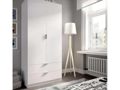Armário Dlunin, Cabide para quarto, Armário com 2 portas de batente e 2 gavetas, 81x52h184 cm, Branco